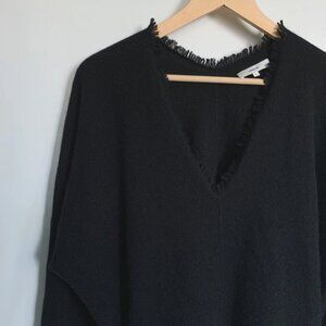 Vince Boiled Cashmere Fringe V Neck XL Black